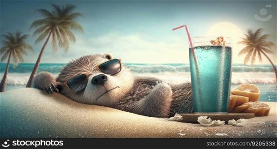 otter is on summer vacation at seaside resort and relaxing on summer beach