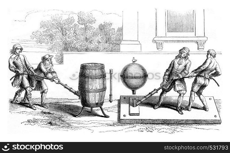Otto von Guericke was trying to empty a barrel. Second container employed by Otto von Guericke to evacuate, vintage engraved illustration. Magasin Pittoresque 1852.