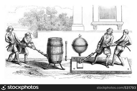 Otto von Guericke was trying to empty a barrel. Second container employed by Otto von Guericke to evacuate, vintage engraved illustration. Magasin Pittoresque 1852.