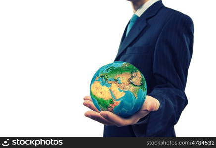 Our home planet. Close up of businessman holding Earth planet in palm. Elements of this image are furnished by NASA