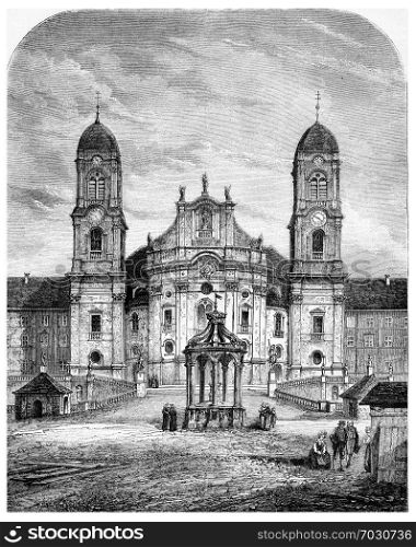 Our Lady of the Hermits (Einsiedeln, Switzerland), vintage engraved illustration. Magasin Pittoresque 1875.