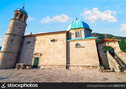 Our Lady of the Rocks church on island in Perast, Montenegro. Church on island in Perast