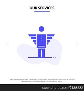 Our Services Angel, Business, Career, Freedom, Investor Solid Glyph Icon Web card Template