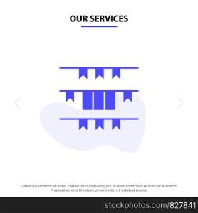 Our Services Banner, Flag, Garland, Ireland, Irish Solid Glyph Icon Web card Template