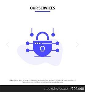 Our Services Internet, Network, Network Security Solid Glyph Icon Web card Template