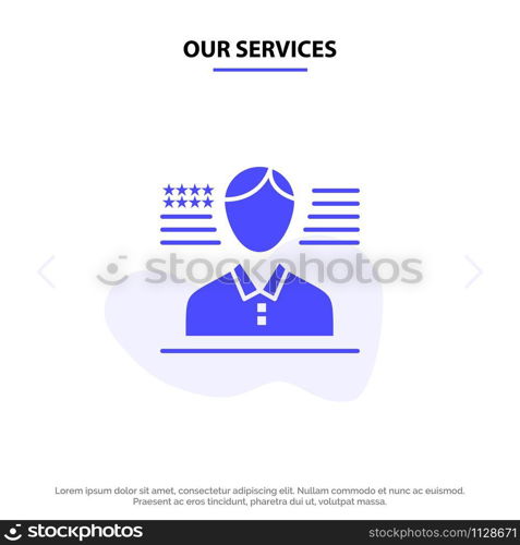 Our Services Man, American, Flag Solid Glyph Icon Web card Template