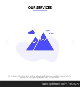 Our Services Mountains, Nature, Scenery, Travel Solid Glyph Icon Web card Template