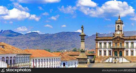 Ouro Preto central square with its historic buildings and monuments in 18th century Baroque and colonial architecture. Ouro Preto central square with its historic buildings and monuments