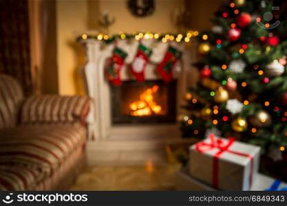 Out of focus background with living room decorated for Christmas