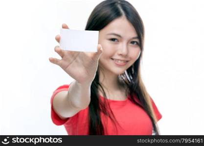 Out of focus Chinese woman holding up business card, left blank for copy space