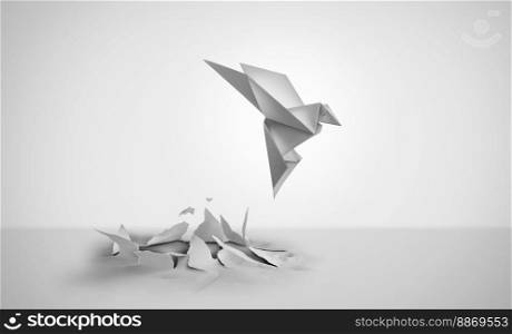 Out Of Nowhere concept of birth or rebirth as an origami bird emerging from a flat paper from scratch as a symbol of creativity and metamorphosis as a business success and an icon of change and transformation