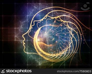 Out of Your Mind Science series. Background of spiral of human silhouette face line and abstract elements on the subject of consciousness, the mind, artificial intelligence and technology