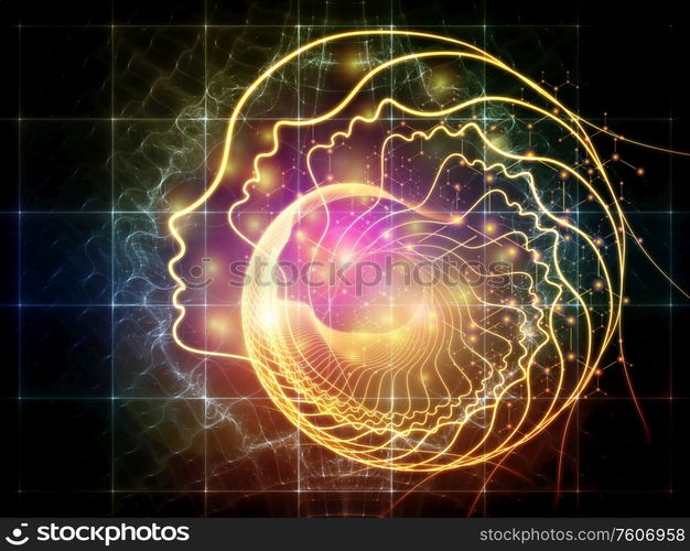 Out of Your Mind Science series. Background of spiral of human silhouette face line and abstract elements on the subject of consciousness, the mind, artificial intelligence and technology