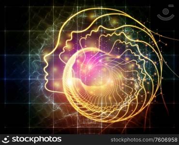 Out of Your Mind Science series. Background of spiral of human silhouette face line and abstract elements on the subject of consciousness, the mind, artificial intelligence and technology