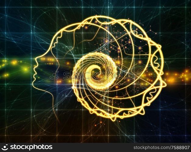 Out of Your Mind Science series. Design made of spiral of human silhouette face line and abstract elements on the subject of consciousness, the mind, artificial intelligence and technology