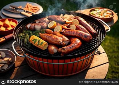 outdoor barbecue party preparation with grilled sausages and poultry in backyard grill, created with generative ai. outdoor barbecue party preparation with grilled sausages and poultry in backyard grill
