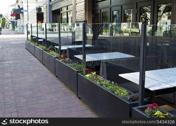 Outdoor Cafe in Victoria canada with paved brick walkway