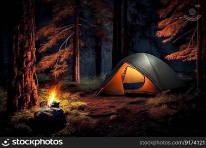 outdoor camping activities with tents illustration Generative AI.