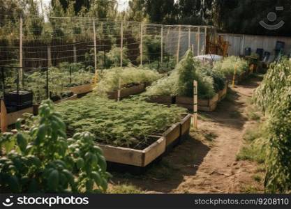 outdoor cannabis farm, with plants growing in rows and busy bees nearby, created with generative ai. outdoor cannabis farm, with plants growing in rows and busy bees nearby