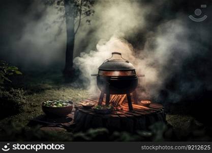 outdoor cooking in nature with light smoke from burning fire on backyard grill, created with generative ai. outdoor cooking in nature with light smoke from burning fire on backyard grill