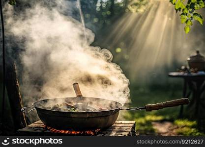 outdoor cooking in nature with light smoke from burning fire on backyard grill, created with generative ai. outdoor cooking in nature with light smoke from burning fire on backyard grill