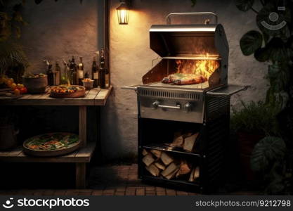 outdoor cooking on open fire in city backyard grill, created with generative ai. outdoor cooking on open fire in city backyard grill