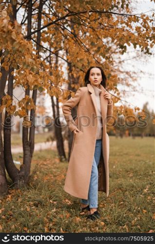 Outdoor fashion photo of young beautiful lady in beige coat, knite sweater and blue jeans in autumn landscape. Warm autumn