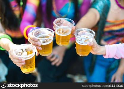 Outdoor Happy friends in summer party. friendship hanging out with drinks celebrate toast having fun at music festival Summer holiday vacation.