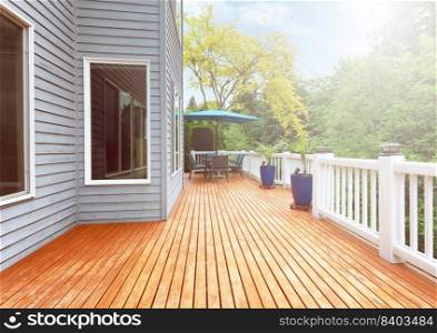 Outdoor home outdoor wooden deck during bright daylight in summer time 