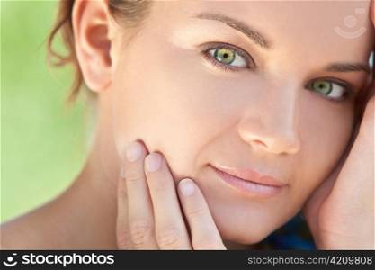 Outdoor Natural Light Portrait Beautiful Woman With Green Eyes