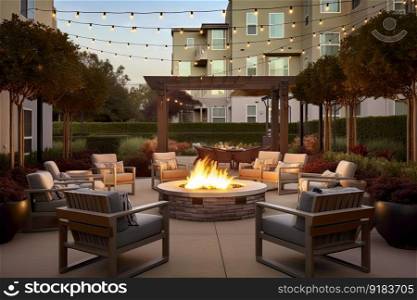 outdoor patio with fire pit, seating and lanterns for a warm and cozy atmosphere, created with generative ai. outdoor patio with fire pit, seating and lanterns for a warm and cozy atmosphere