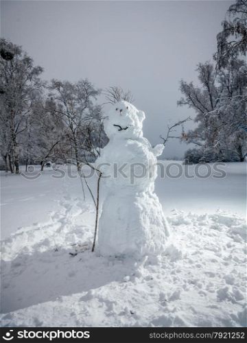 Outdoor photo of big snowman at winter park