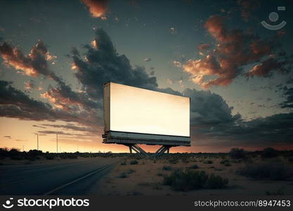 Outdoor pole billboard with mock up white screen on amazing sky background. Space for writting. Generative AI