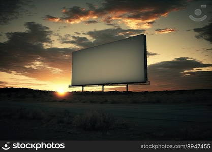 Outdoor pole billboard with mock up white screen on amazing sky background. Space for writting. Generative AI