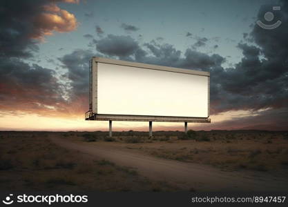 Outdoor pole billboard with mock up white screen on amazing sky background. Space for writting. Generative AI