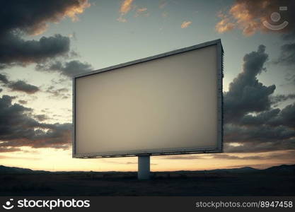 Outdoor pole billboard with mock up white screen on amazing sky background. Space for writting. Generative AI