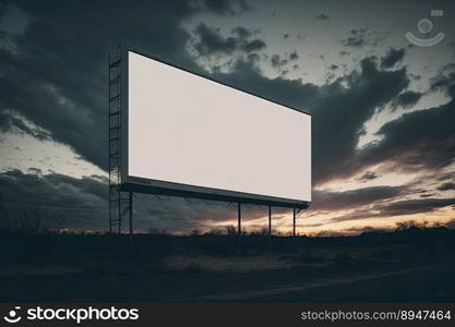 Outdoor pole billboard with mock up white screen on amazing sky background. Space for writting. Generative AI