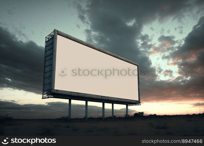 Outdoor pole billboard with mock up white screen on amazing sky background. Space for writting. Generative AI