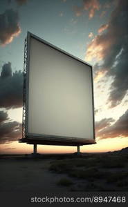 Outdoor pole billboard with mock up white screen on amazing sky background. Space for writting. Generative AI