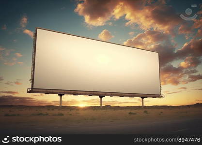 Outdoor pole billboard with mock up white screen on amazing sky background. Space for writting. Generative AI