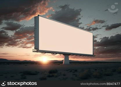 Outdoor pole billboard with mock up white screen on amazing sky background. Space for writting. Generative AI