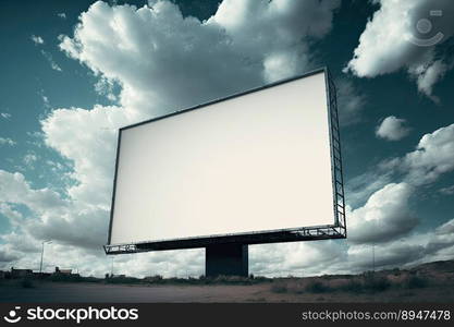 Outdoor pole billboard with mock up white screen on amazing sky background. Space for writting. Generative AI