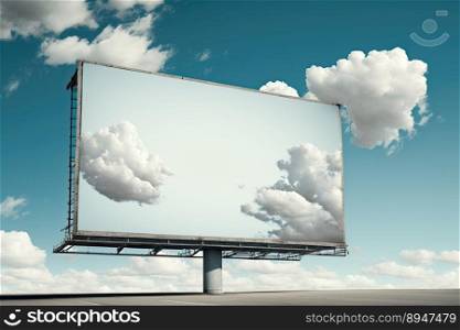 Outdoor pole billboard with mock up white screen on amazing sky background. Space for writting. Generative AI