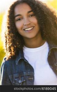Outdoor portrait of beautiful happy mixed race African American girl teenager female young woman smiling laughing with perfect teeth in golden evening sunshine