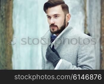 Outdoor portrait of handsome man in gray coat. Fashion photo. Beauty winter style