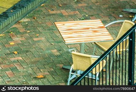 Outdoor restaurant coffee open air cafe chairs with table. Summer vacation on resort