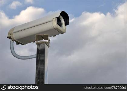 Outdoor Security cctv camera under Sun shine and White cloud in blue sky