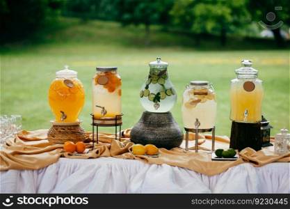Outdoor shot of fresh beverage made from citrus and fruit, on white table. Green background. Homemade lemonade. Healthy drink