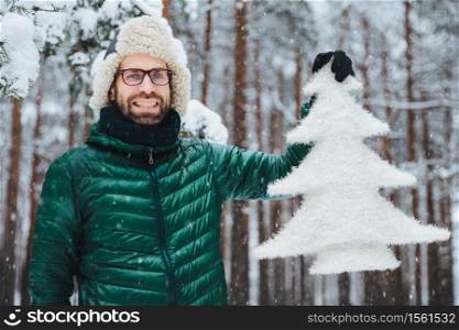 Outdoor shot of smiling unshven middle aged male ears warm cap and green anorak, holds artificial fir tree, enjoy beautiful landscapes during winter holidays, has optimistic look. Snowy weather