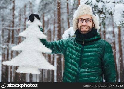 Outdoor shot of smiling unshven middle aged male ears warm cap and green anorak, holds artificial fir tree, enjoy beautiful landscapes during winter holidays, has optimistic look. Snowy weather